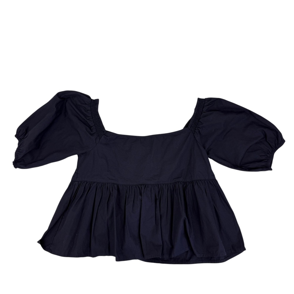 Free People Blouse Women Medium Navy Blue Peplum Puff Sleeve Cotton Square Neck
